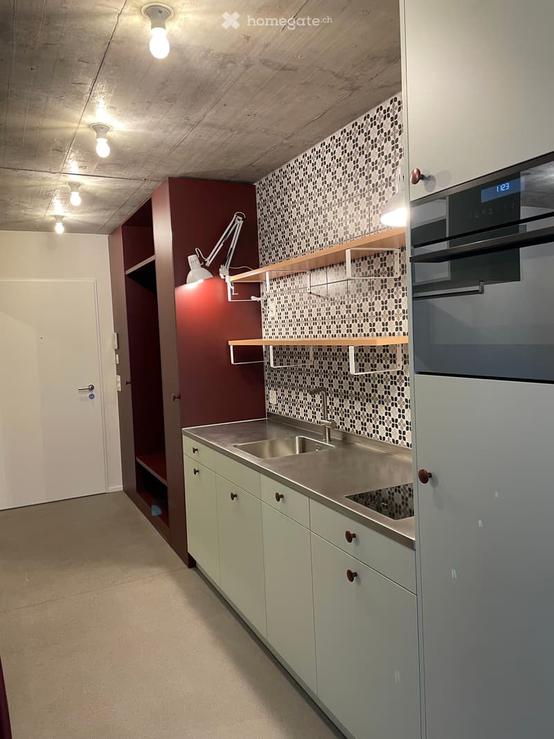 Modern kitchen with light green cabinets, stainless steel sink, and built-in oven. Features a patterned backsplash and wooden shelves.