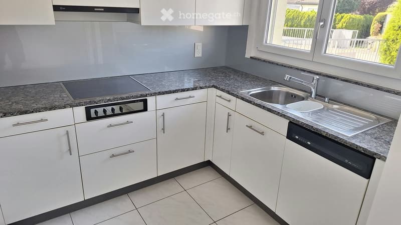 Modern kitchen with white cabinets, granite countertops, stainless steel sink, and built-in oven and dishwasher.
