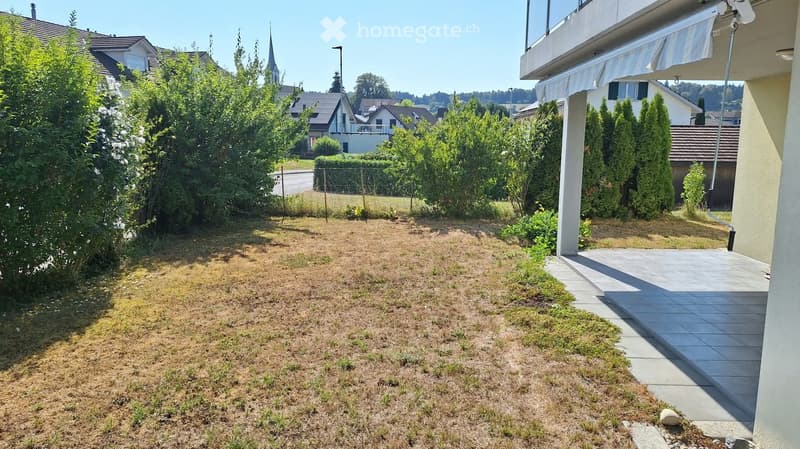 Garden area with dry grass, paved patio, surrounding greenery, and neighboring houses visible in the background.