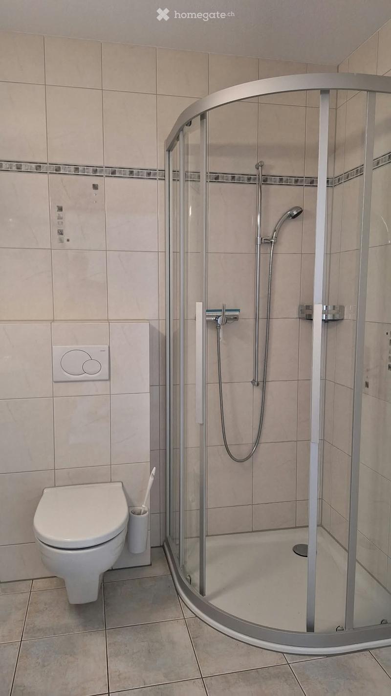 Modern bathroom with a glass-enclosed shower, toilet, and toothbrush holder. Light beige tiles and a sleek design.