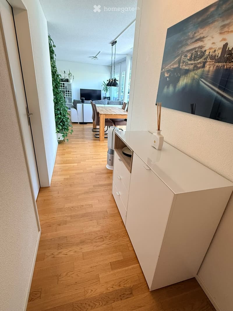 Open-plan living and dining area with wooden flooring, white cabinetry, sofa, dining table, chairs, TV, and decorative plants.
