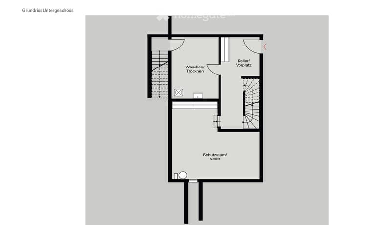 Floor plan of a basement level showing a laundry/drying area, storage room, shelter/cellar, and entrance area.