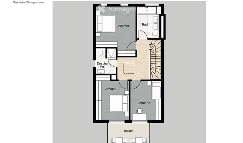Floor plan of the upper floor showing three bedrooms, a bathroom, a shower/WC, and a balcony.