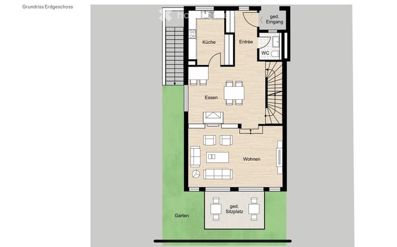 Ground floor layout showing kitchen, entrance, dining area, living room, WC, and garden seating area.
