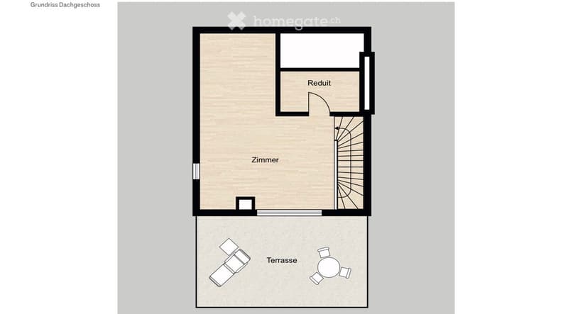 Floor plan of a roof floor showing a room, a small closet (Reduit), and a terrace with outdoor furniture.