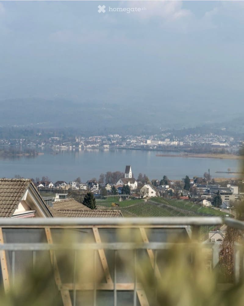 Balcony overlooking a scenic lake and town with distant mountains.