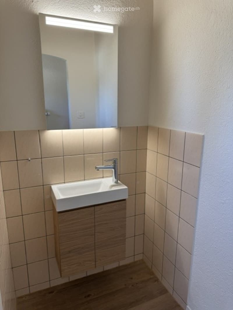 Modern bathroom with a white sink, wooden cabinet, and illuminated mirror above.
