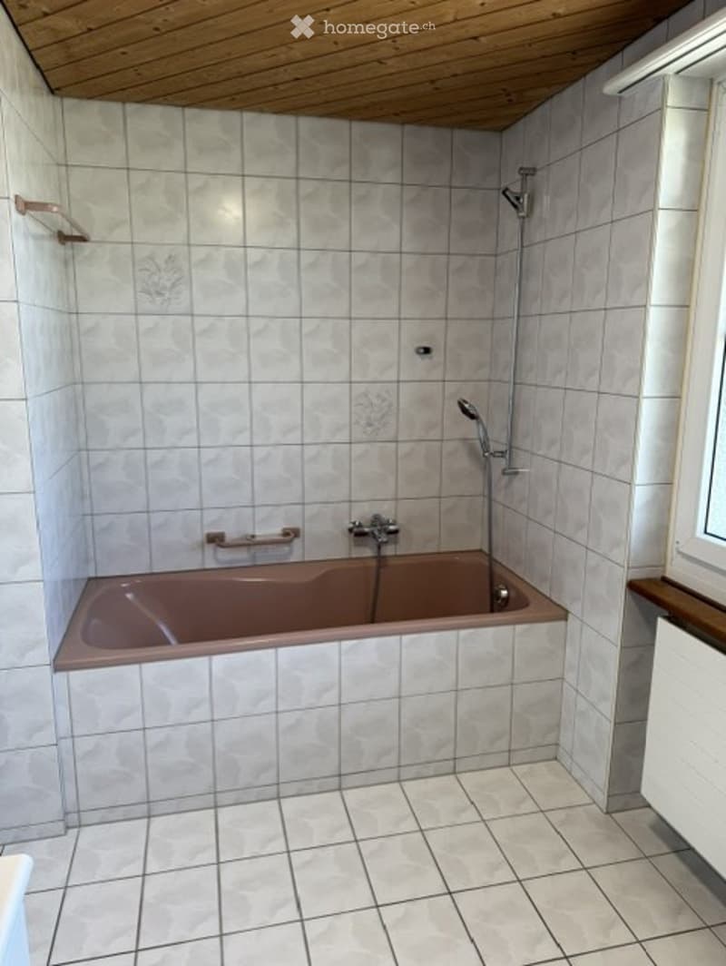 Bathroom with a brown bathtub, tiled walls and floor, shower area with a handheld showerhead, and a handrail beside the tub.