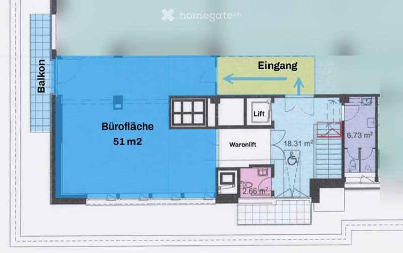 Floor plan showing a 51 m² office space, entrance, lift, storage, and a 6.73 m² balcony.