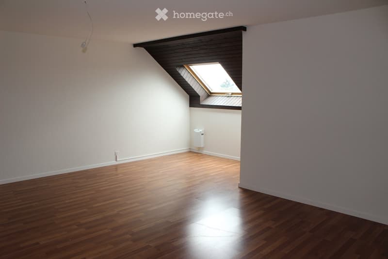 empty room, wooden floors, white walls, large window with skylight