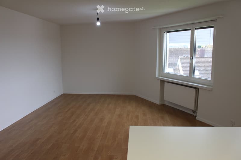Empty room with white walls, hardwood floor, a radiator beneath a window, and a single light fixture hanging from the ceiling.