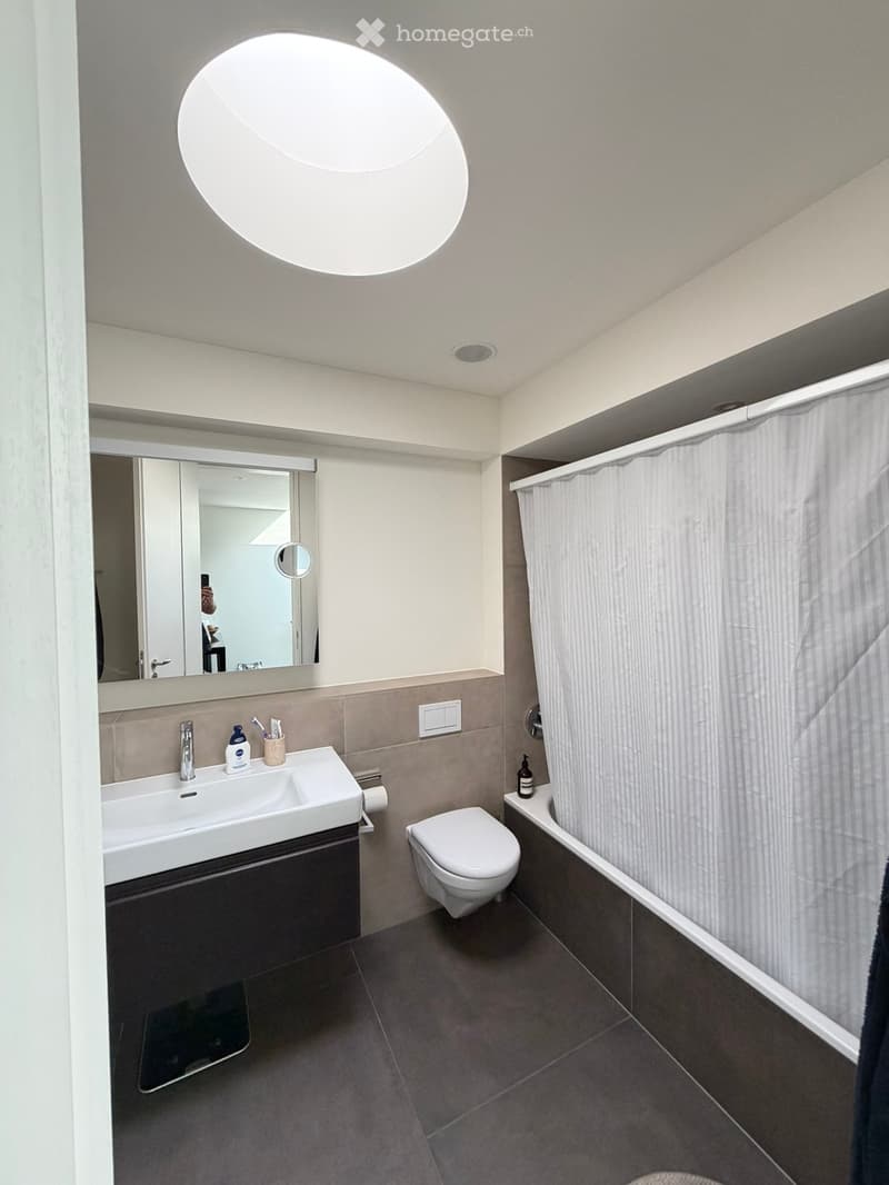 Modern bathroom with a white sink, toilet, and shower area. Features a large round skylight, a mirror with a built-in shelf, and a dark tiled floor.