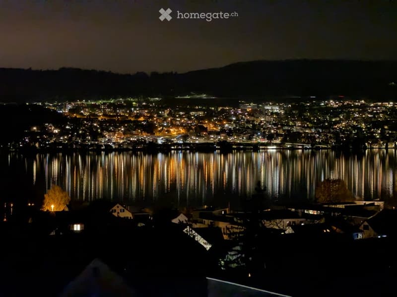 Nighttime view of a cityscape across a calm body of water, with illuminated buildings and reflections on the water's surface.