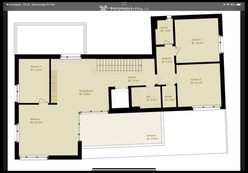 Floor plan of a 4-room apartment with living room, kitchen, 3 bedrooms, bathroom, and terrace.