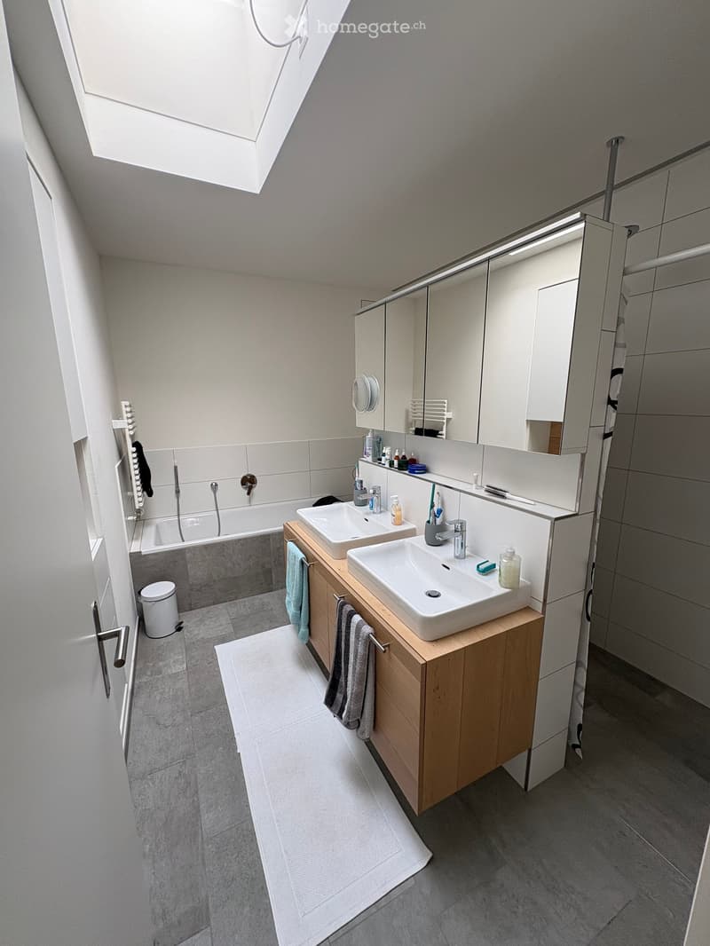 Modern bathroom with double sink vanity, mirrored cabinet, bathtub, and built-in storage. Features grey tiles, wooden vanity, and natural light from skylight.