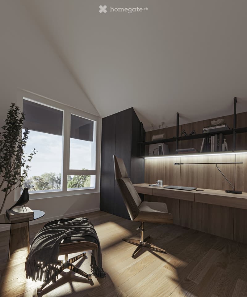Modern, well-lit study or home office with large windows, a sleek wooden desk, ergonomic chair, laptop, cup, bookshelf, and decorative items including a bird and plant.