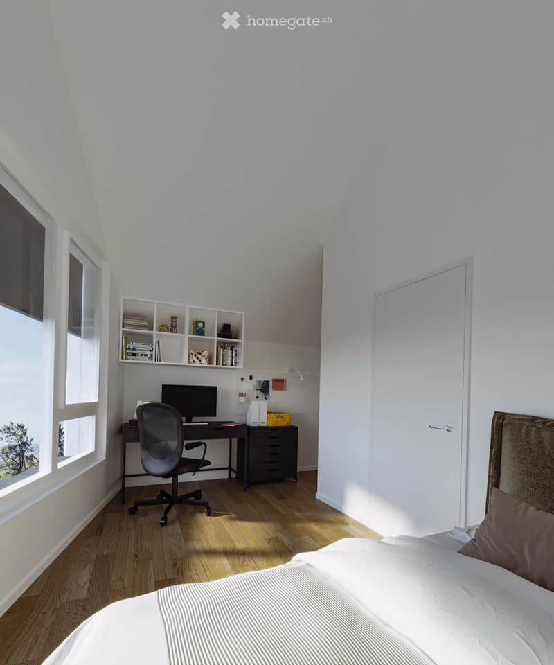 Modern bedroom with a bed, desk, chair, computer, and shelving unit. Large windows provide natural light, and the room features a sleek, minimalist design with light-colored walls and wooden flooring.