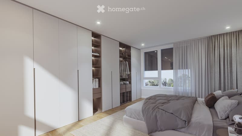 Modern bedroom with a large bed, grey bedding, white wardrobe with built-in shelves, large windows with grey curtains, and a nightstand with a lamp.