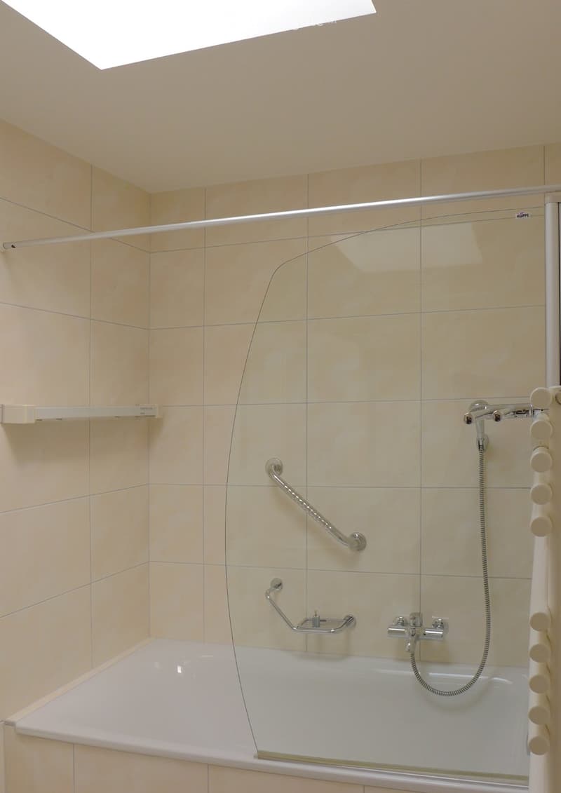 Modern bathroom with a bathtub, glass shower enclosure, multiple shower handles, and handrails for accessibility.