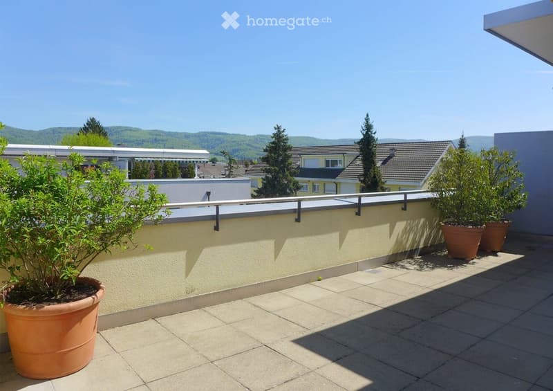 Balcony with tiled floor, potted plants, and a view of surrounding buildings and hills.