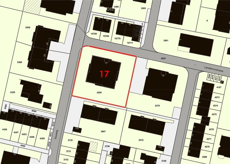 Floor plan of a residential area showing multiple buildings and plots, with plot number 17 highlighted in red.