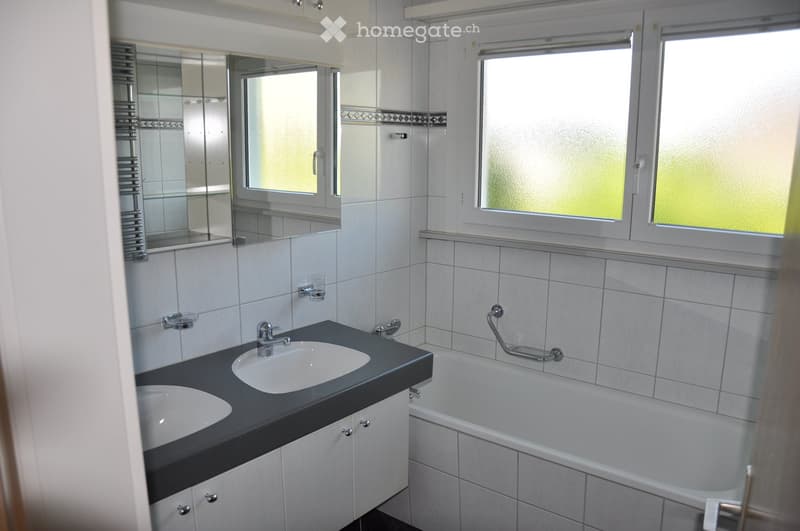 Modern bathroom with white tiles, a double sink vanity, a bathtub, and a large mirror above the sink.