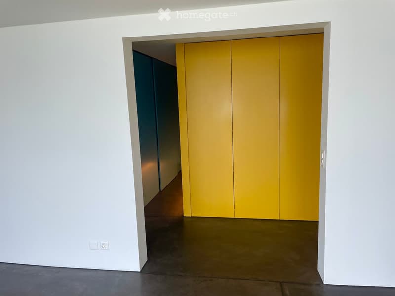 Modern hallway with white walls, dark floor, and a set of bright yellow double doors leading to another room.