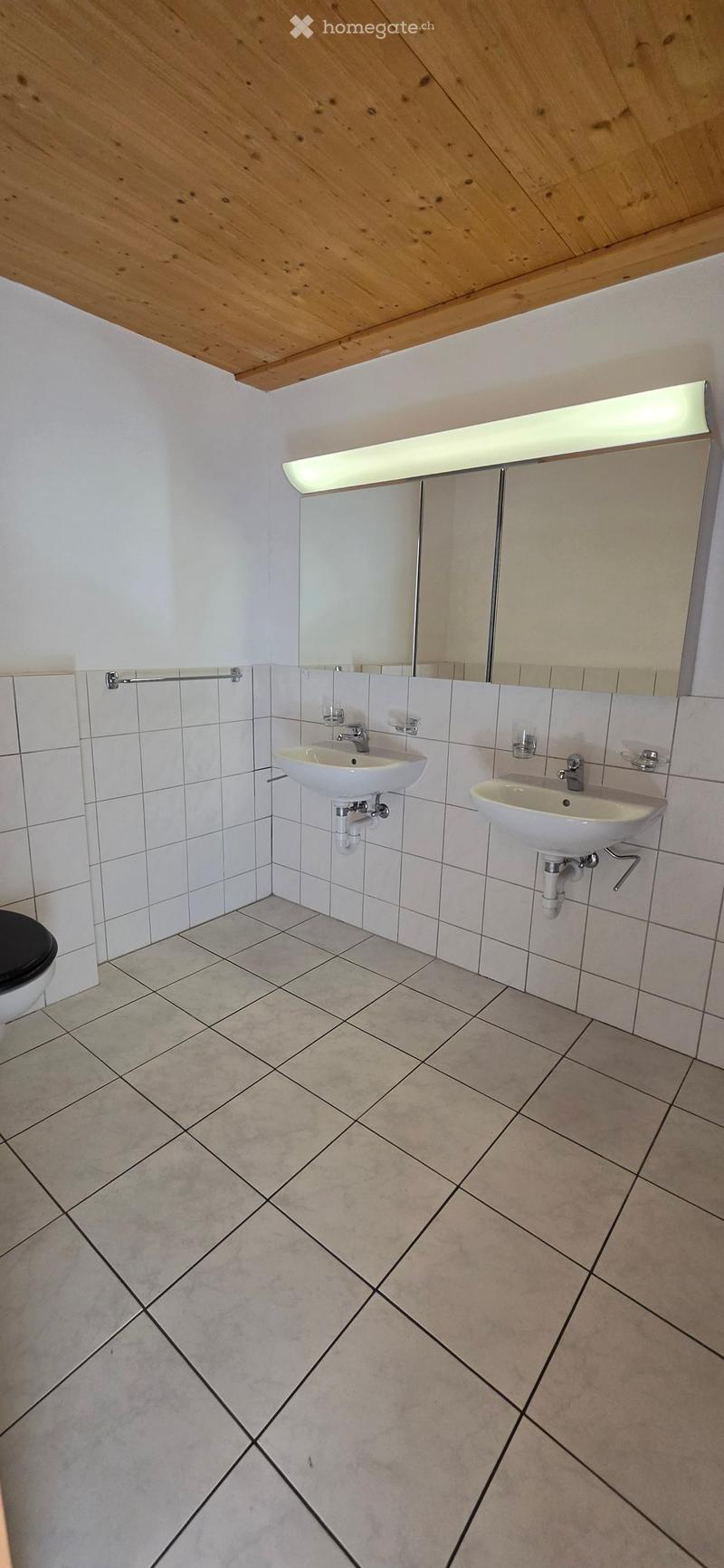 Modern bathroom with two sinks, a toilet, and a large mirror above the sinks. The walls are tiled, and the floor has a diamond-patterned tile design.
