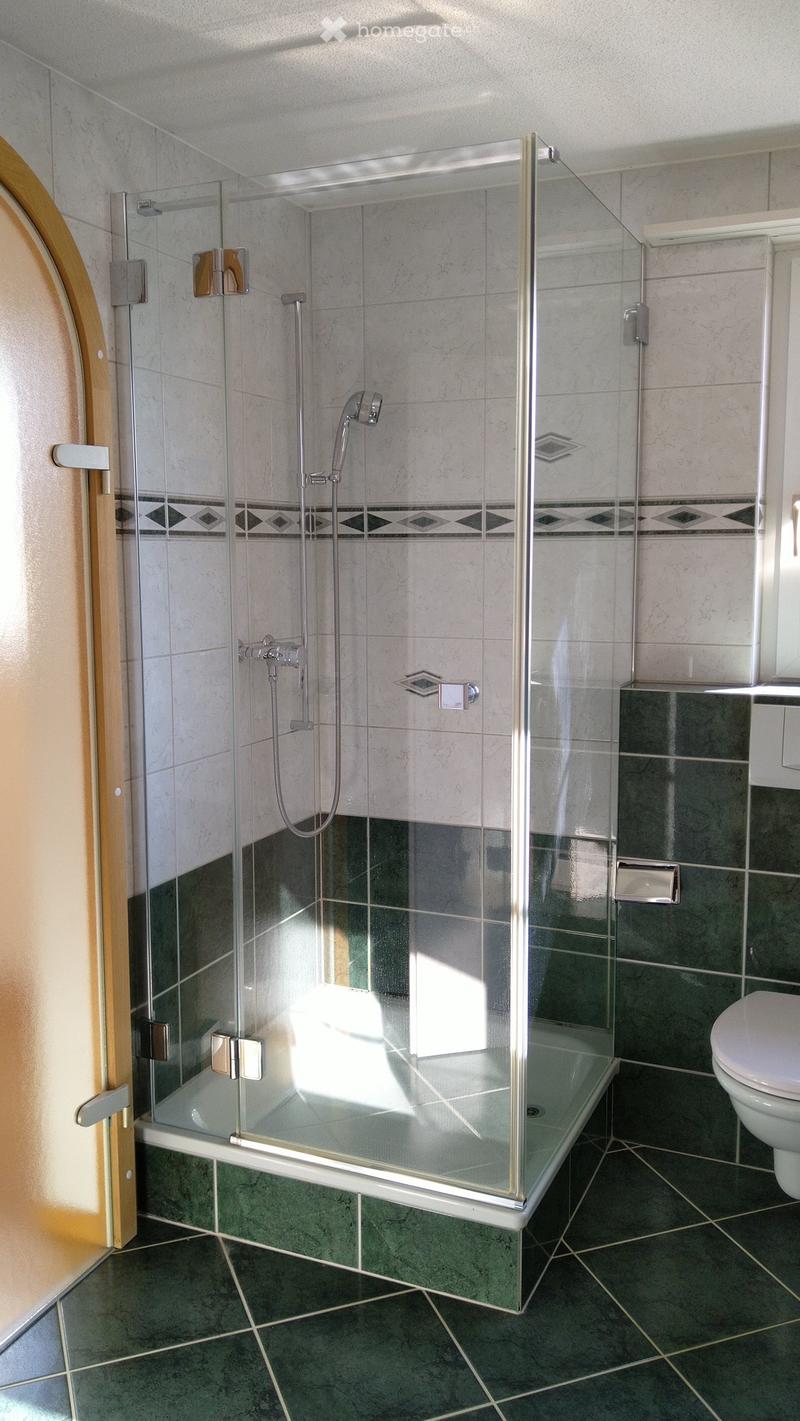 Modern bathroom with a glass-enclosed shower stall and a toilet. The shower features a handheld showerhead and a built-in seat. The walls are tiled in a light marble pattern with a dark green accent border. The floor is covered in dark green tiles.
