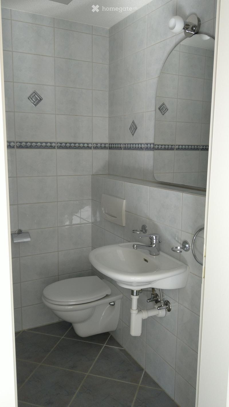 A small bathroom with a toilet, sink, and mirror. The walls are tiled in light grey with a decorative border, and the floor is dark grey tiled.