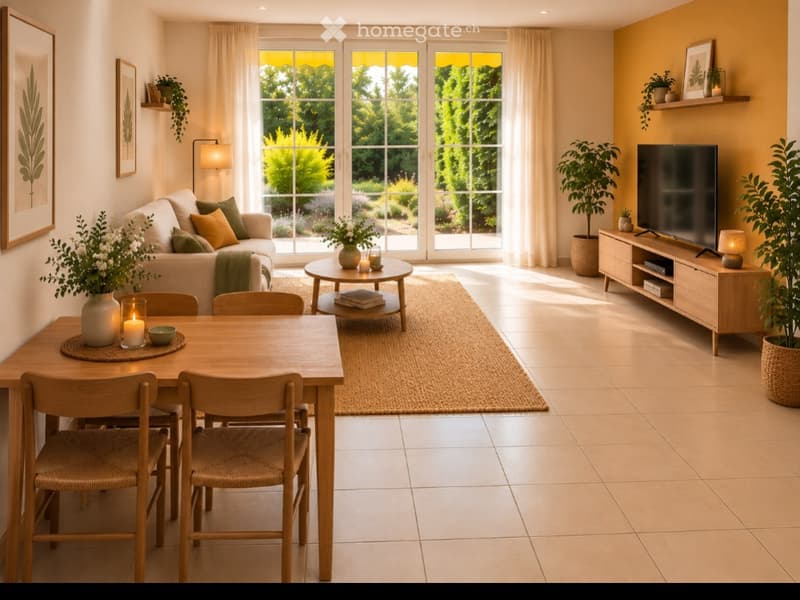 Bright living and dining area with large windows, a sofa, coffee table, dining table, chairs, TV, and decorative plants.