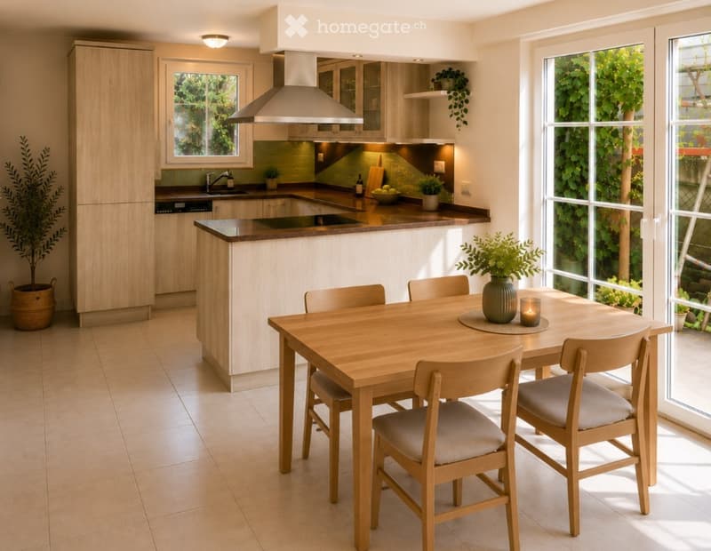 Modern kitchen with light wood cabinets, stainless steel appliances, a central island, and a dining area with a wooden table and chairs.