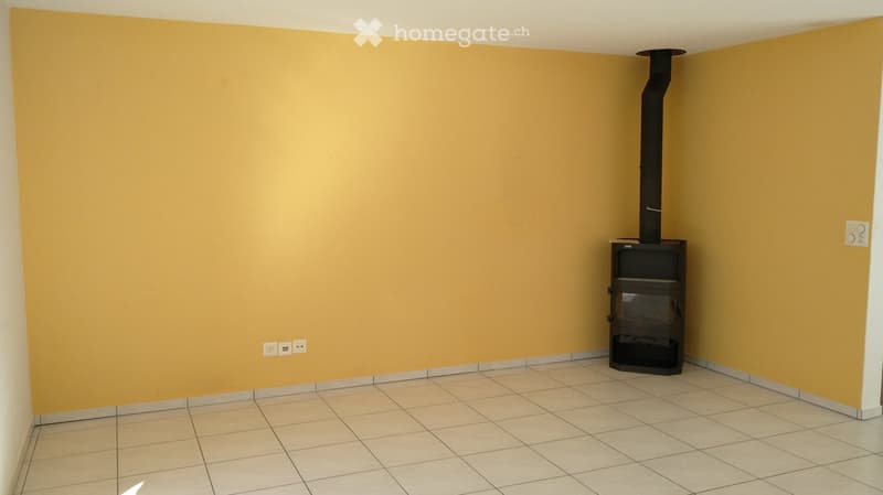 Empty room with yellow walls, tiled floor, and a wood-burning stove with a chimney.