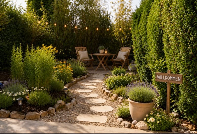 A well-maintained garden with a stone pathway, wooden chairs, a small table, potted plants, and string lights. The area is surrounded by lush greenery and flowers.