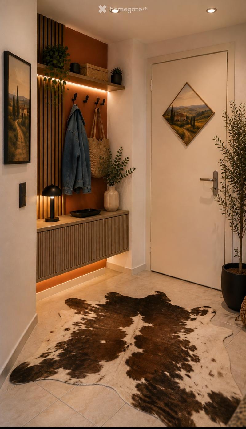 Modern hallway with tiled flooring, built-in storage unit with lighting, coat rack, and decorative elements including a cowhide rug, potted plants, and framed artwork.