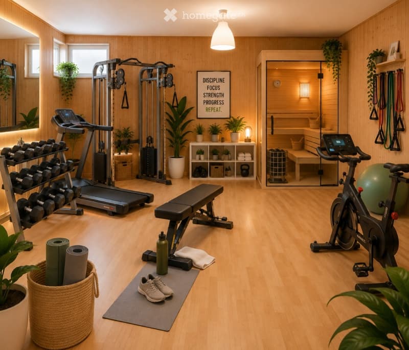 Well-equipped home gym with wooden walls and flooring, featuring a treadmill, elliptical trainer, bench, dumbbells, yoga mat, and a small sauna area.