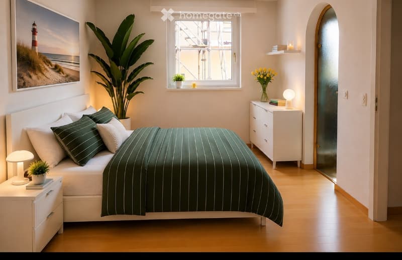 Cozy bedroom with a white bed, green striped duvet, nightstands with lamps, a large plant, and a view of a cityscape through a window.