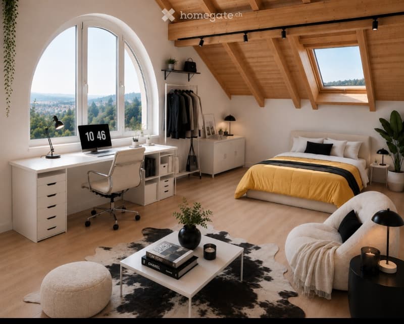 Modern bedroom with large windows offering a scenic view, featuring a bed with yellow bedding, a white desk with a computer, a sofa, a coffee table, and various decorative items.