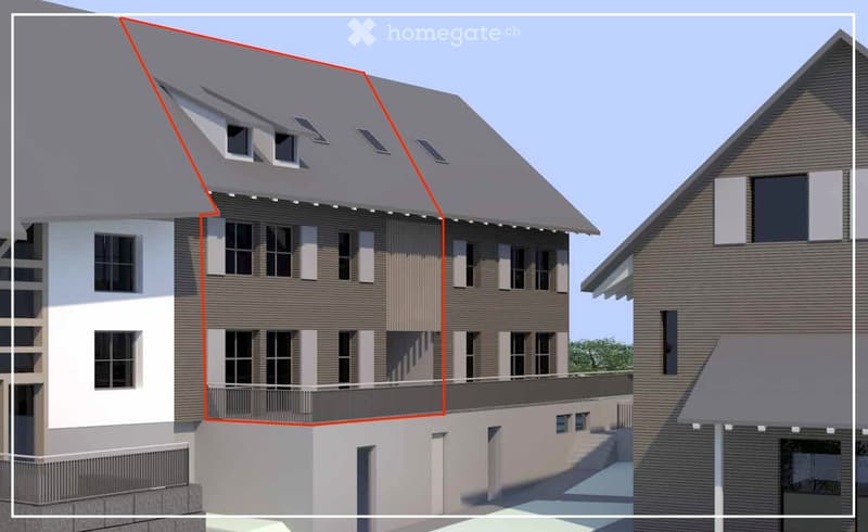 3D rendering of a modern two-story house with grey and white exterior, multiple windows, and a balcony on the second floor.