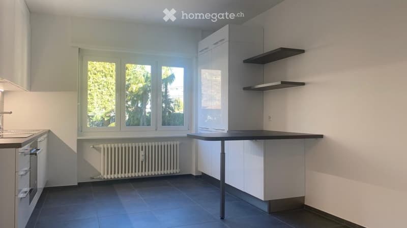 Modern kitchen with white cabinets, a central island table, a sink, an oven, and built-in shelves. The space features large windows with a view of greenery outside and a radiator below the windows.