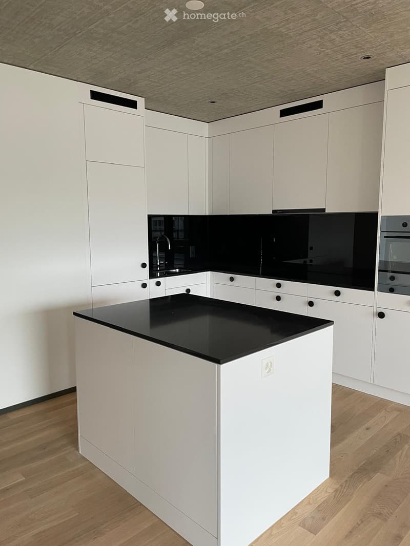 Modern kitchen with white cabinets, black countertop, and stainless steel appliances.
