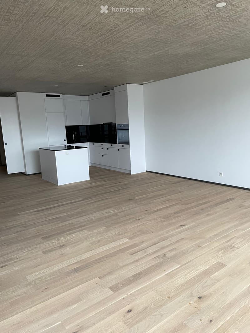 Empty kitchen with white cabinets, dark countertops, and light wooden flooring.