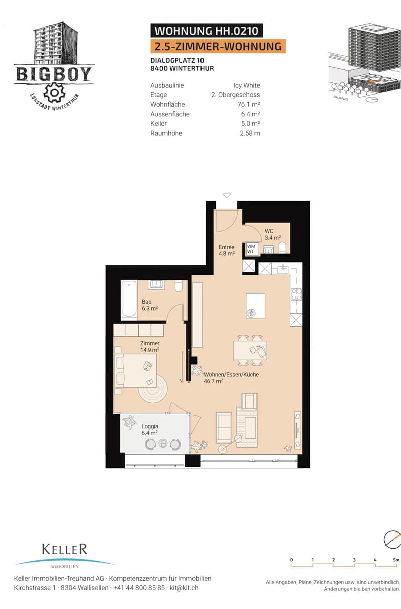 Floor plan of a 2.5-room apartment with living/dining/kitchen area, bedroom, bathroom, entrance, and loggia.