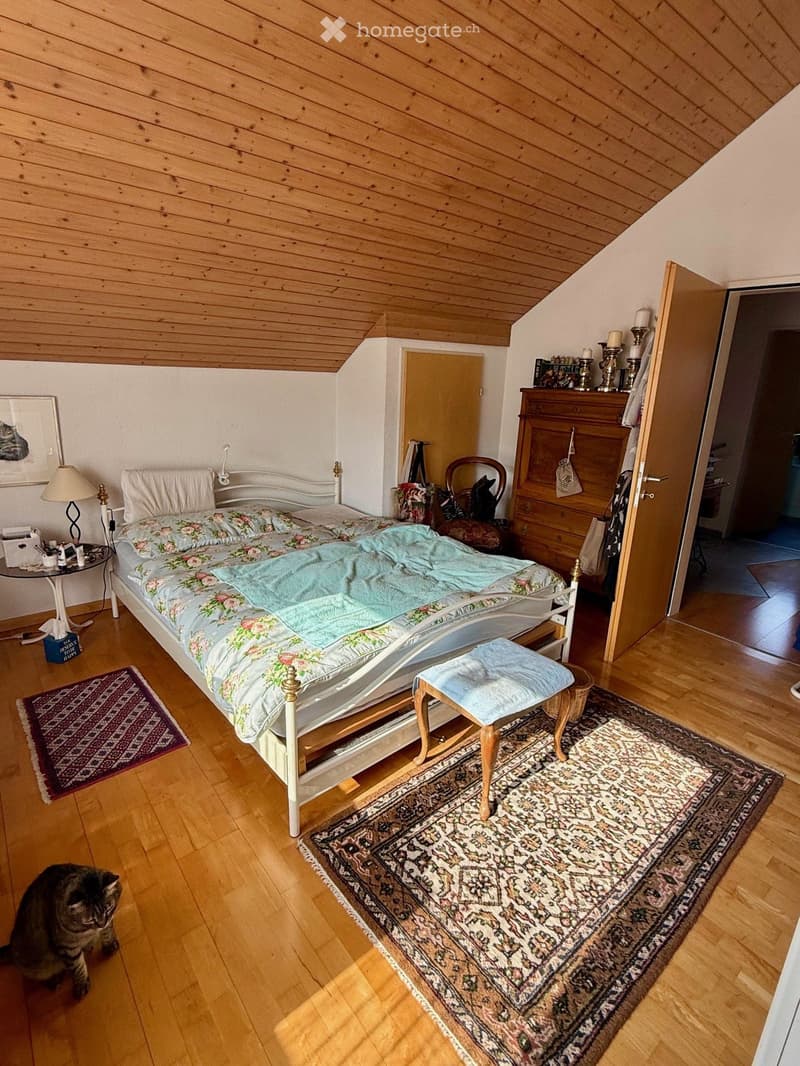 bedroom with bed, wooden floor, wooden ceiling, rug, lamp, cabinet, stool, cat