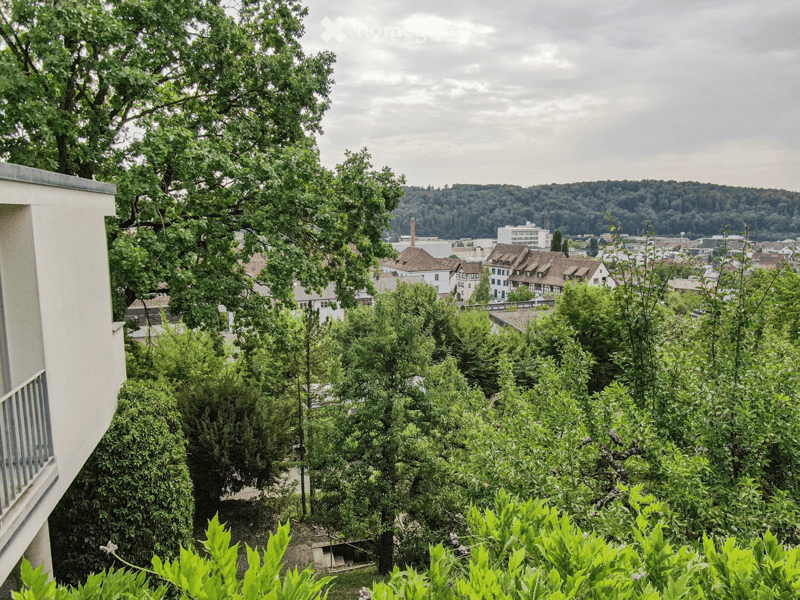 A lush garden with various trees and shrubs, overlooking a cityscape with buildings and greenery in the distance.