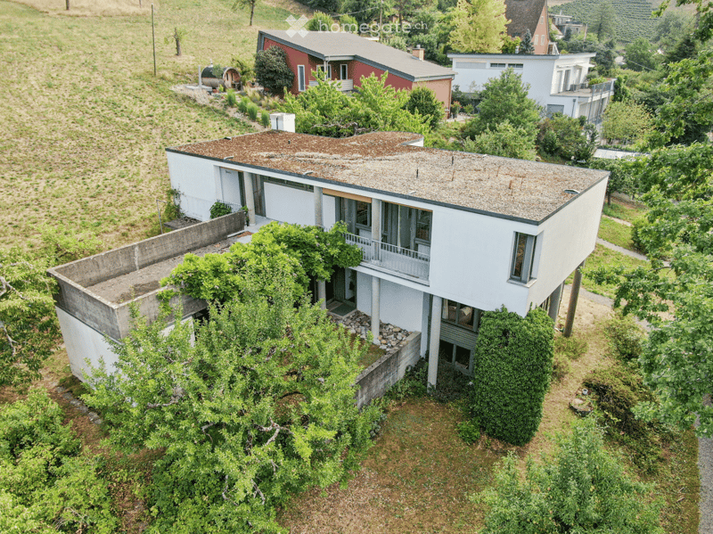 A modern white house with a flat, textured roof, elevated on stilts, surrounded by lush greenery and other houses in the background.