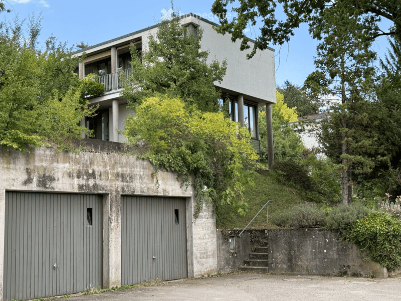 Modern two-story house with white facade, raised ground floor, garage, and greenery on the hillside.
