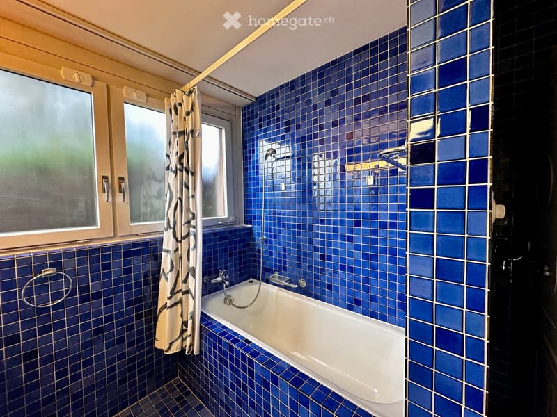 Bathroom with blue tiled walls and floor, a bathtub, a shower curtain, and a towel ring.