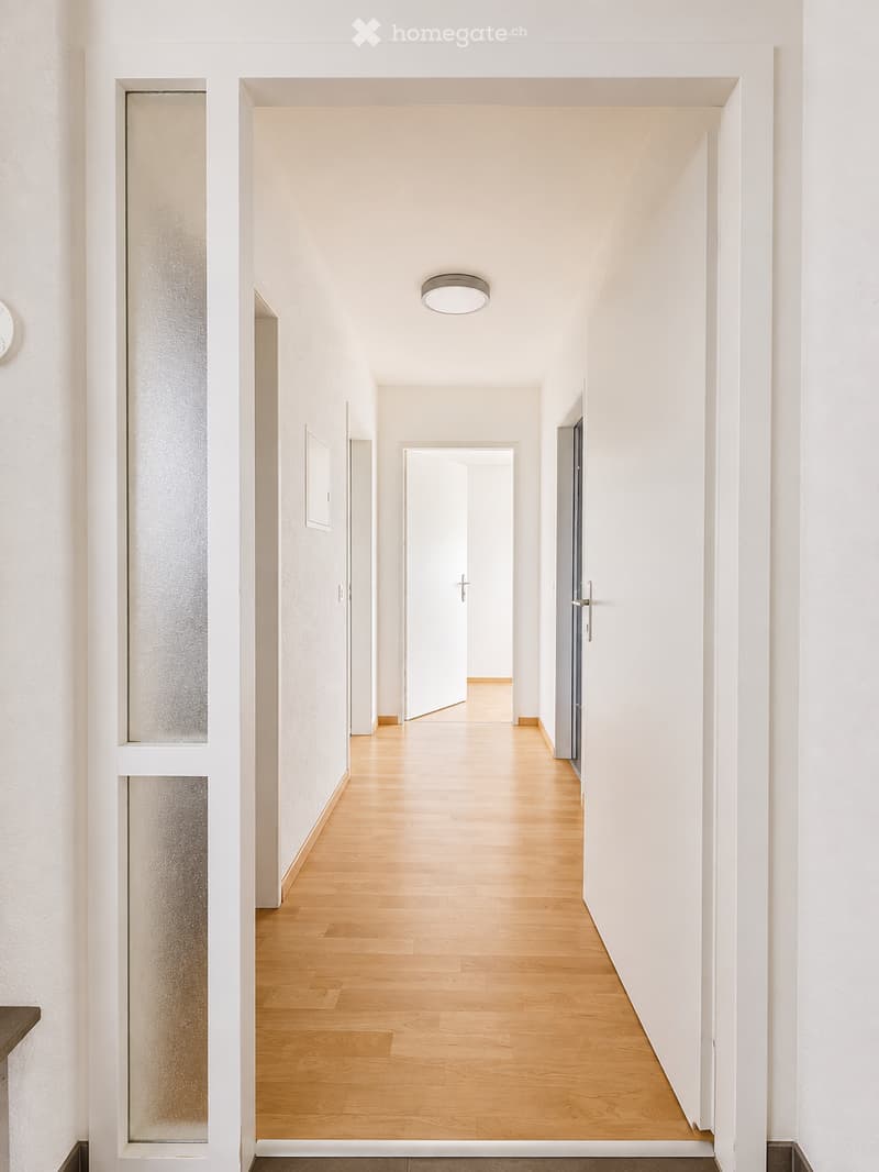 Modern, minimalist hallway with light wooden flooring, white walls, and recessed lighting. Features several doors and a frosted glass panel on one wall.