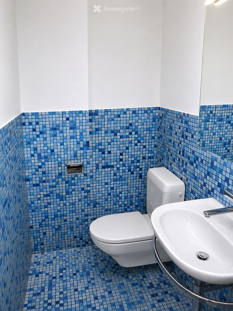 Modern bathroom with blue mosaic tiles on walls and floor, white toilet, and white sink with chrome faucet.